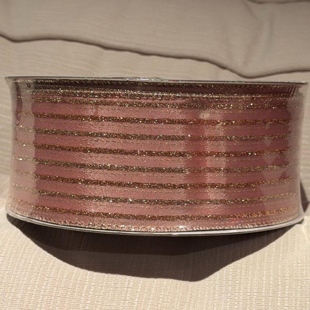 Members Mark Rose Gold Stripped Wired Ribbon 🎀 50 yards Spool width 2.5” 🆕 NWT